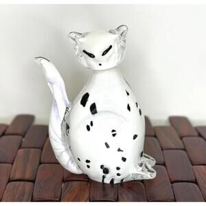 Vintage Art Glass Cat Figurine White Black Spotted Hand Blown Studio Glass
